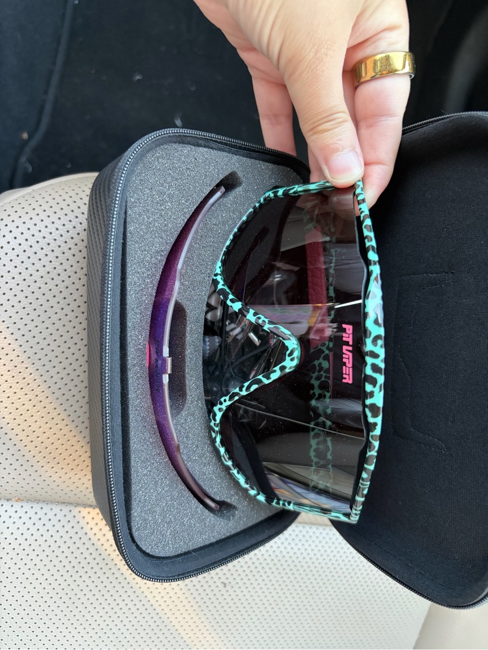 Pit Viper Teal Leopard Shield Sunglasses with Purple Spare Lens